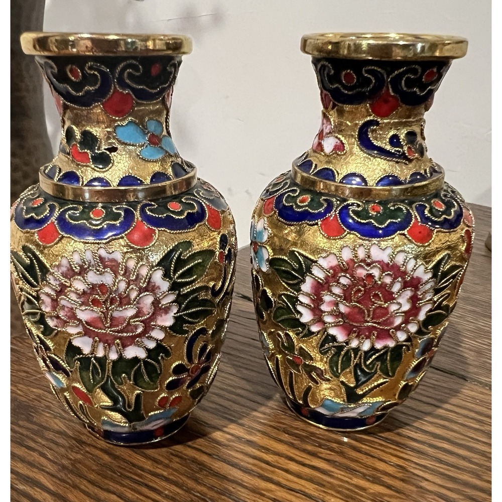 Pair Of Brass And Enamel Wired Detail Ornate 3.5” Asian Chinoiserie Vases